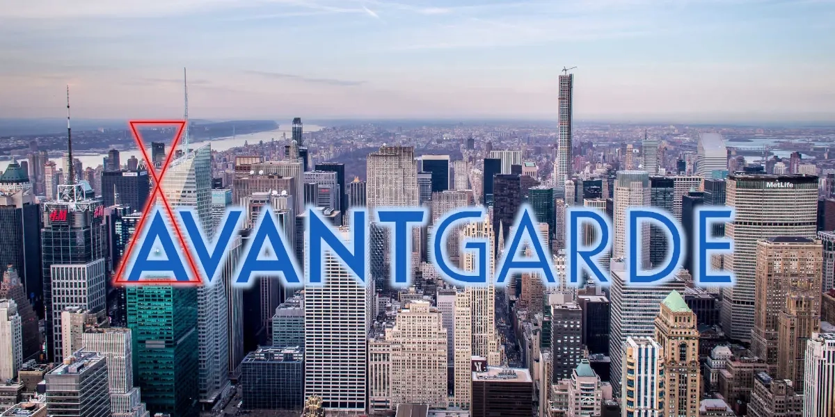Stadtpanorama mit Wolkenkratzern und dem Wort AVANTGARDE in blau leuchtenden Buchstaben