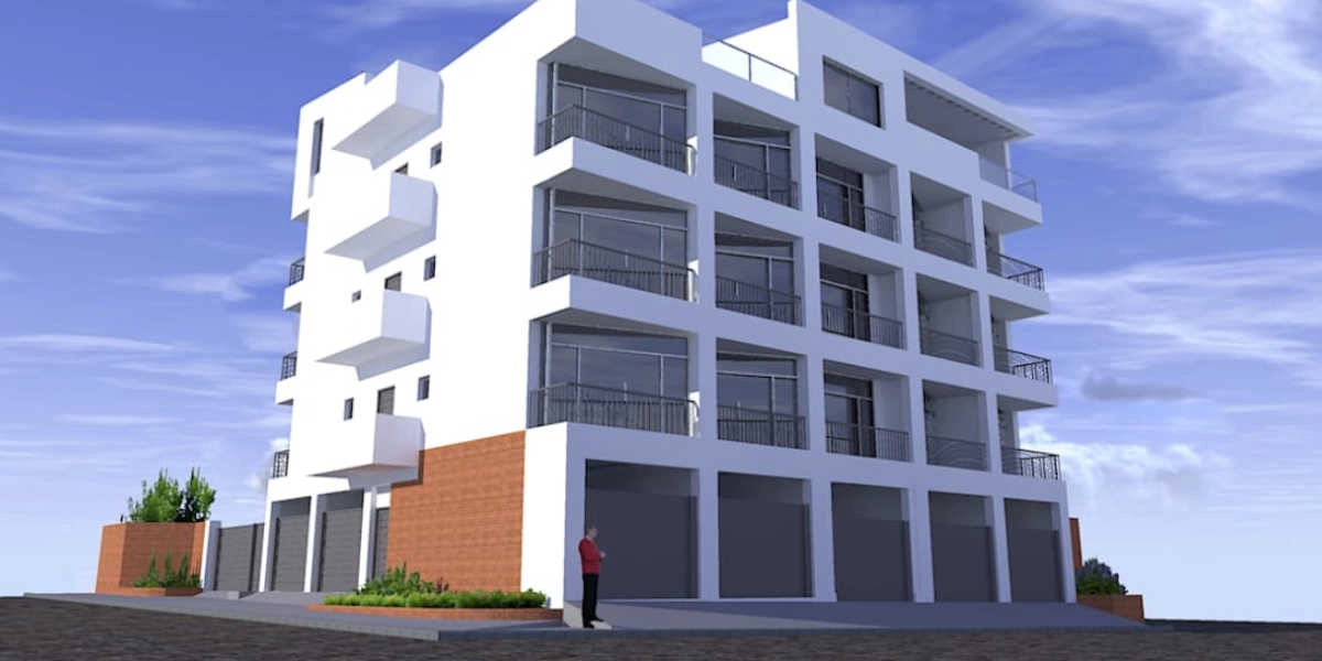 Modernes vierstöckiges Gebäude mit Glasbalkonen, Garagentoren und Backsteinakzenten unter teilweise bewölktem Himmel